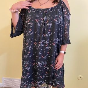 blue multi color over the shoulder dress !